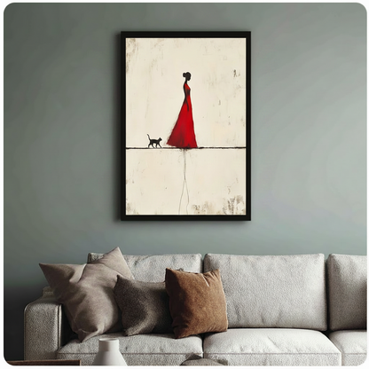 Red Dress Woman Black Cat Minimalist Canvas Print