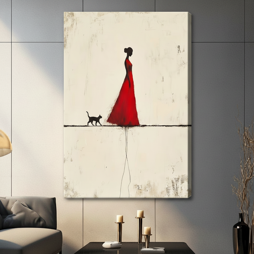 Red Dress Woman Black Cat Minimalist Canvas Print
