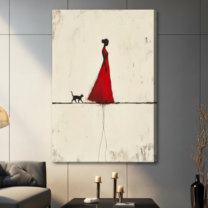 Red Dress Woman Black Cat Minimalist Canvas Print
