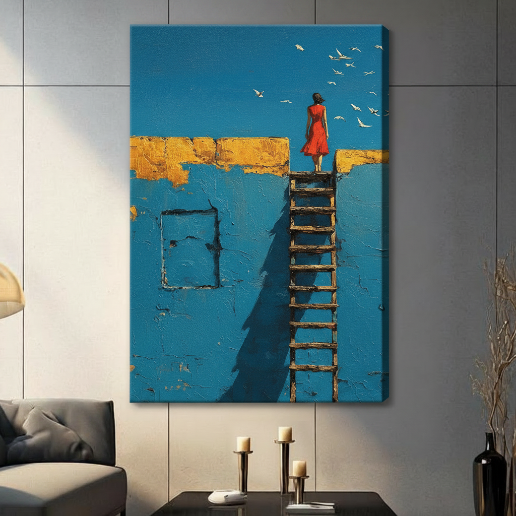 Woman in Red Ladder Blue Wall Canvas Art Wall Art
