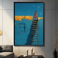 Woman in Red Ladder Blue Wall Canvas Art Wall Art