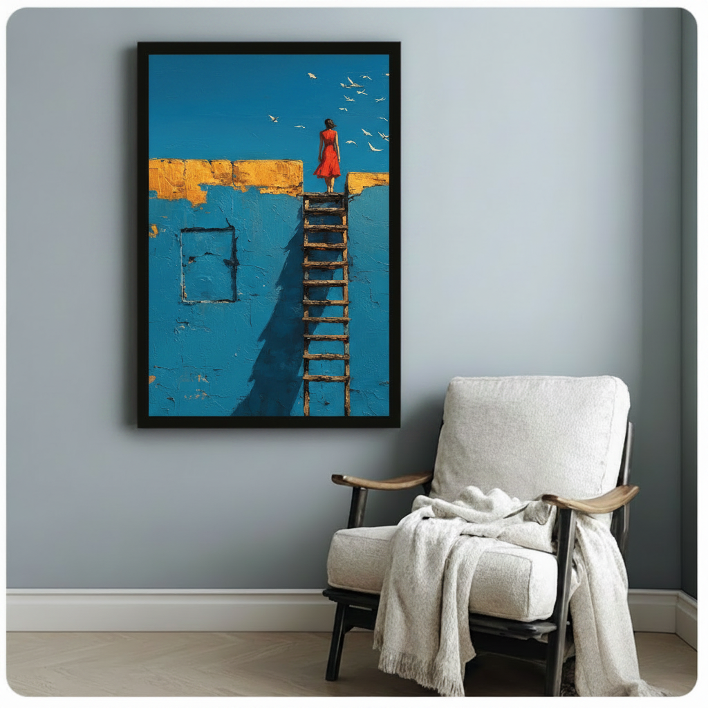 Woman in Red Ladder Blue Wall Canvas Art Wall Art
