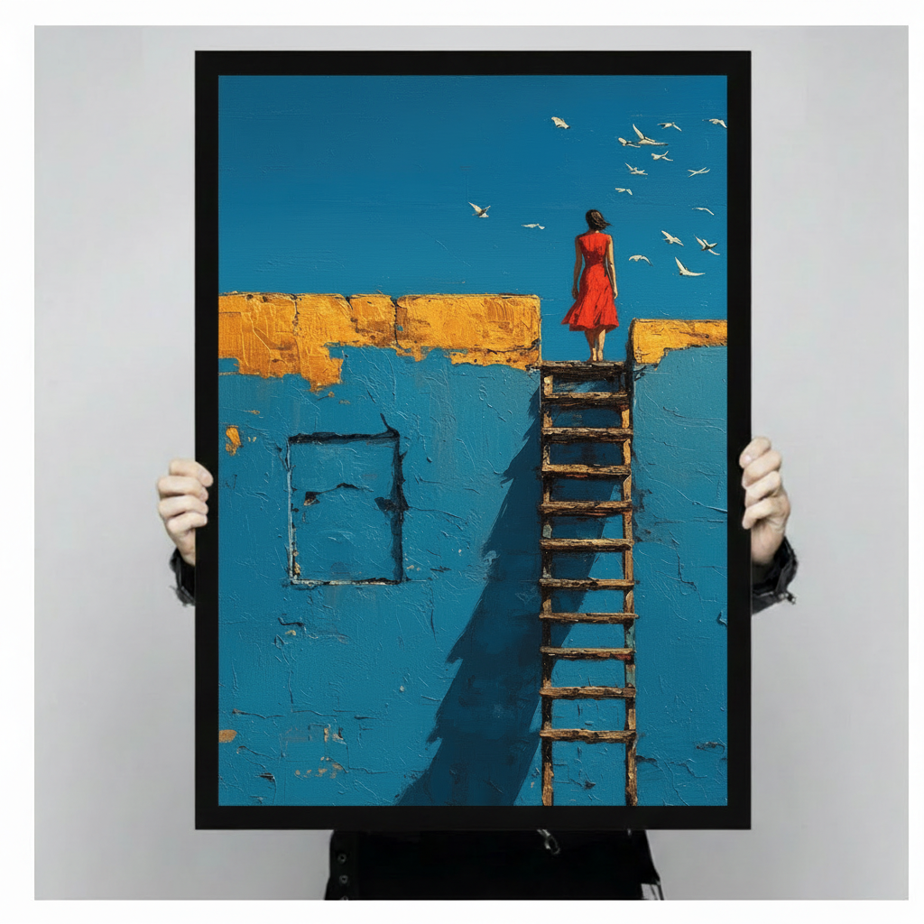 Woman in Red Ladder Blue Wall Canvas Art Wall Art