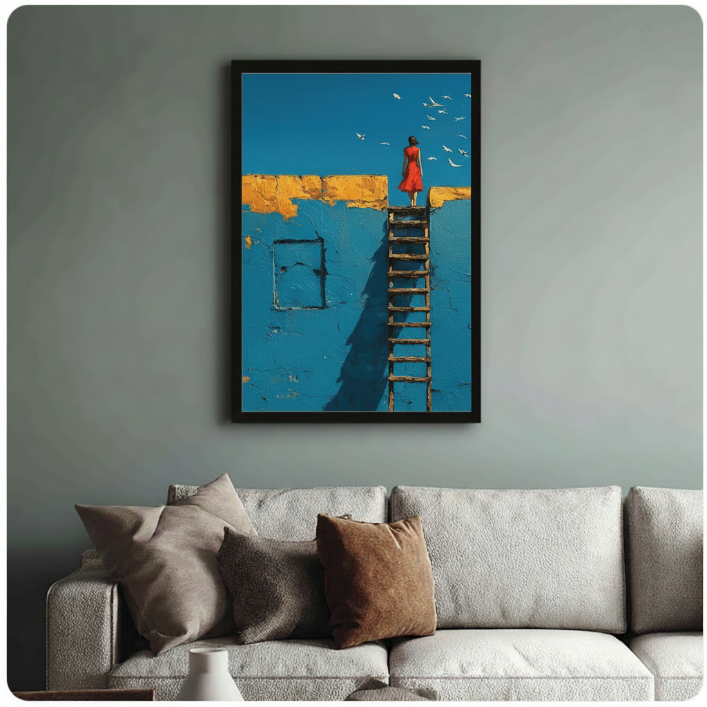 Woman in Red Ladder Blue Wall Canvas Art Wall Art
