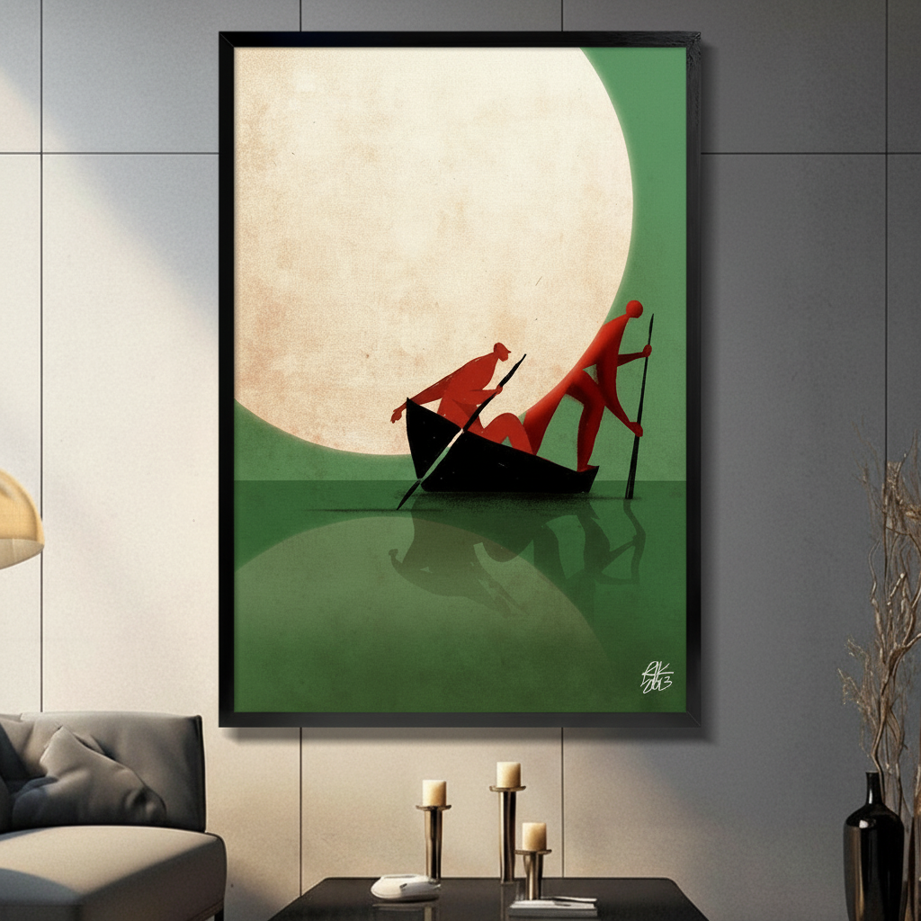 Moonlit Boatmen Minimalist Green Canvas Art Wall Art