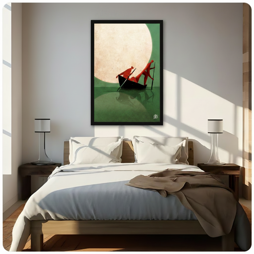 Moonlit Boatmen Minimalist Green Canvas Art Wall Art