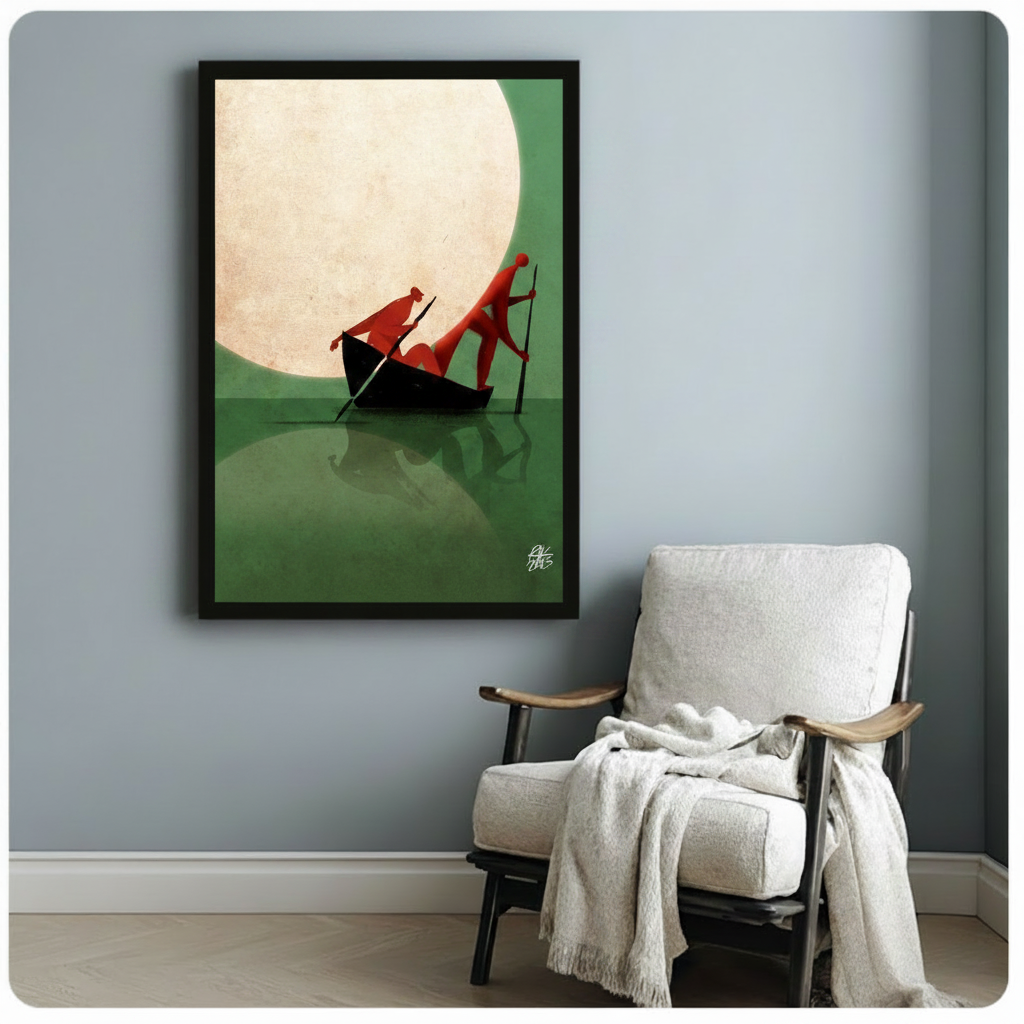 Moonlit Boatmen Minimalist Green Canvas Art Wall Art