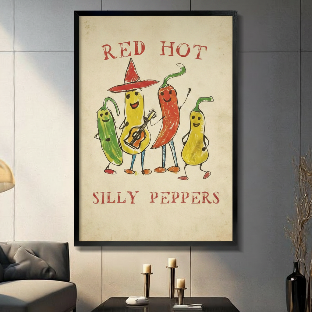 Retro Silly Peppers Band Framed Canvas Art Wall Art