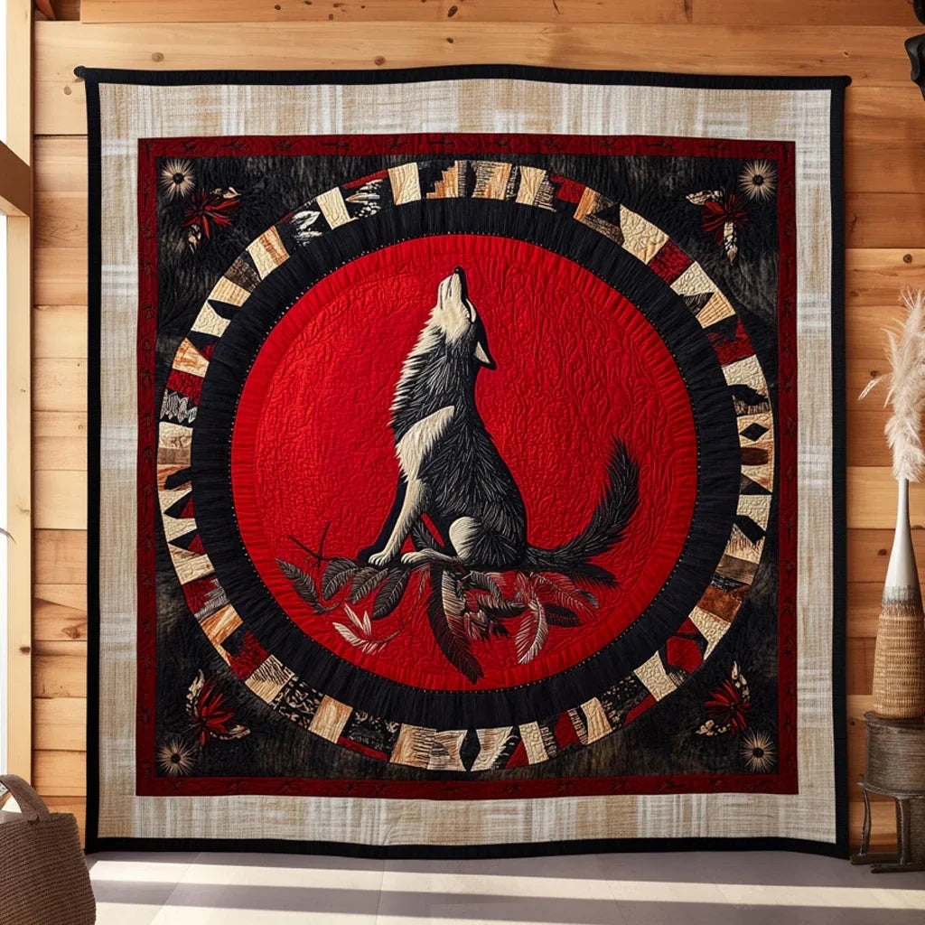 Red Moon Wolf Quilt Blanket