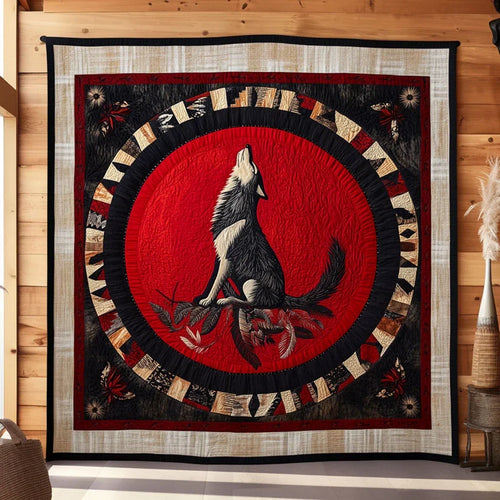 Red Moon Wolf Quilt Blanket