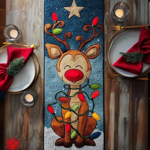 Red Nose Deer Quilted Table Runner