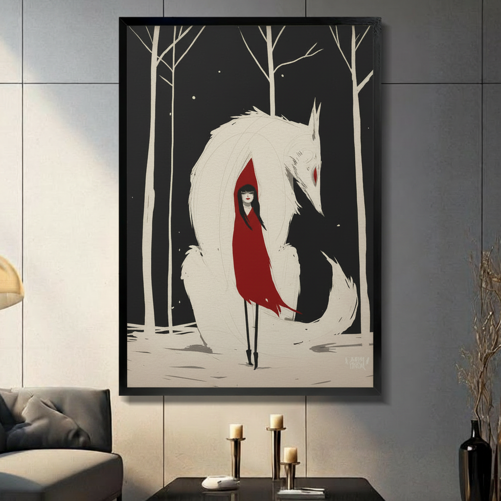 Red Cloak Girl White Fox Fantasy Canvas Wall Art