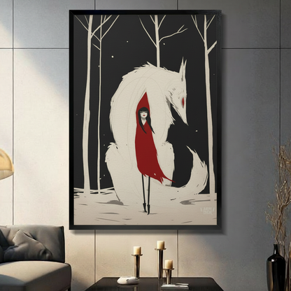 Red Cloak Girl White Fox Fantasy Canvas Wall Art