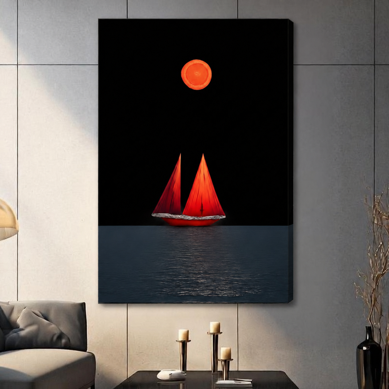 Red Sailboat Blood Moon Night Canvas Art Wall Art