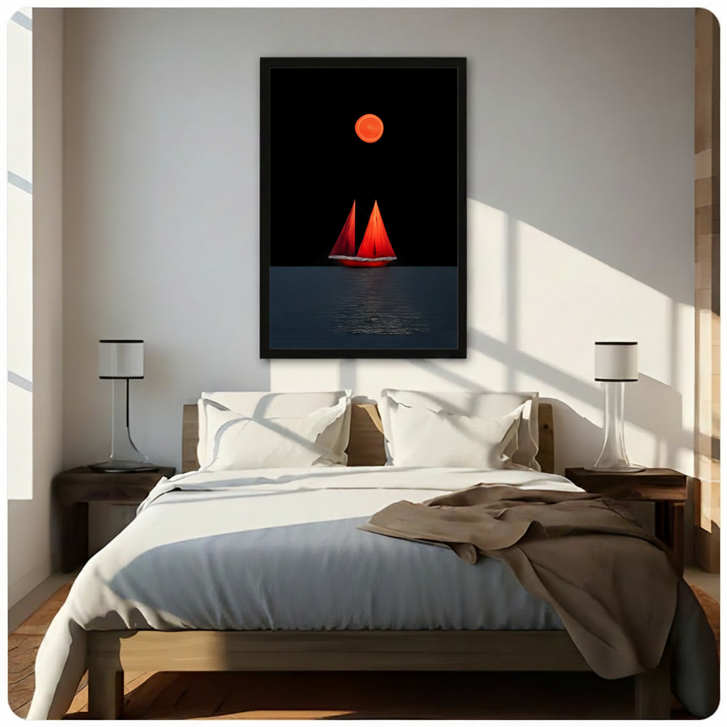 Red Sailboat Blood Moon Night Canvas Art Wall Art