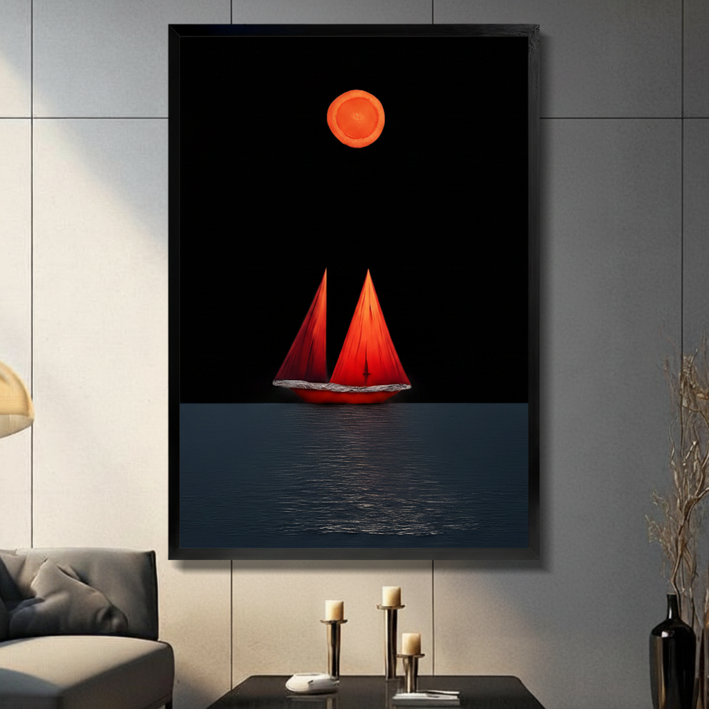 Red Sailboat Blood Moon Night Canvas Art Wall Art