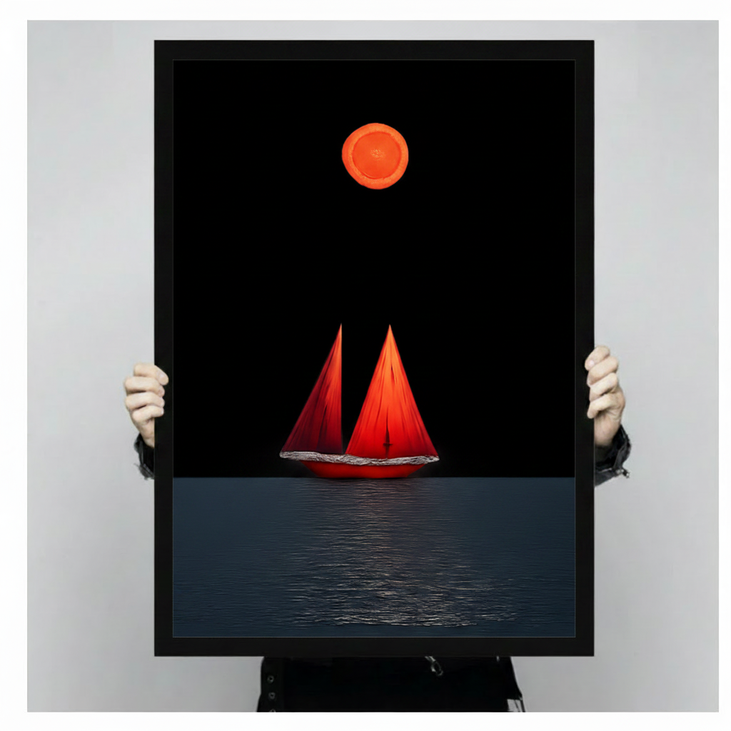 Red Sailboat Blood Moon Night Canvas Art Wall Art