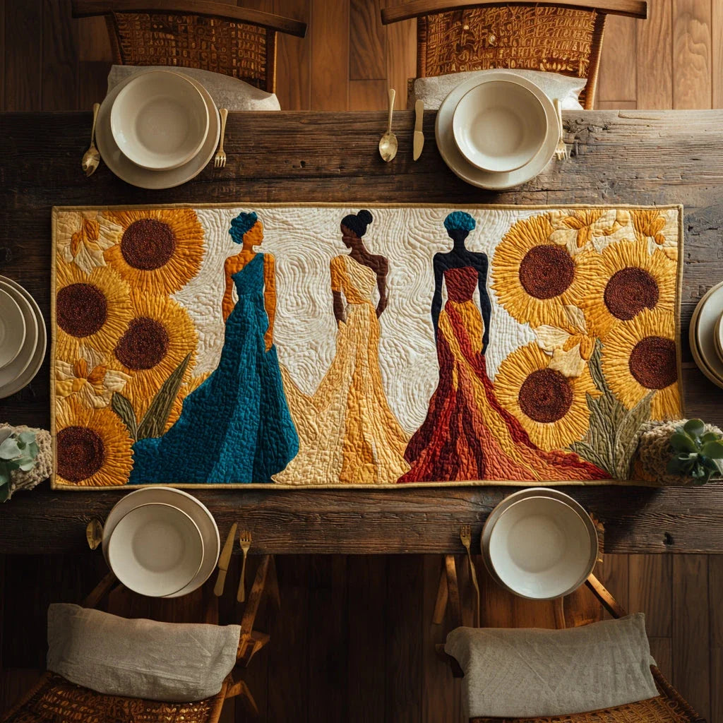 Regal Black Woman Sunflowers Quilted Table Runner