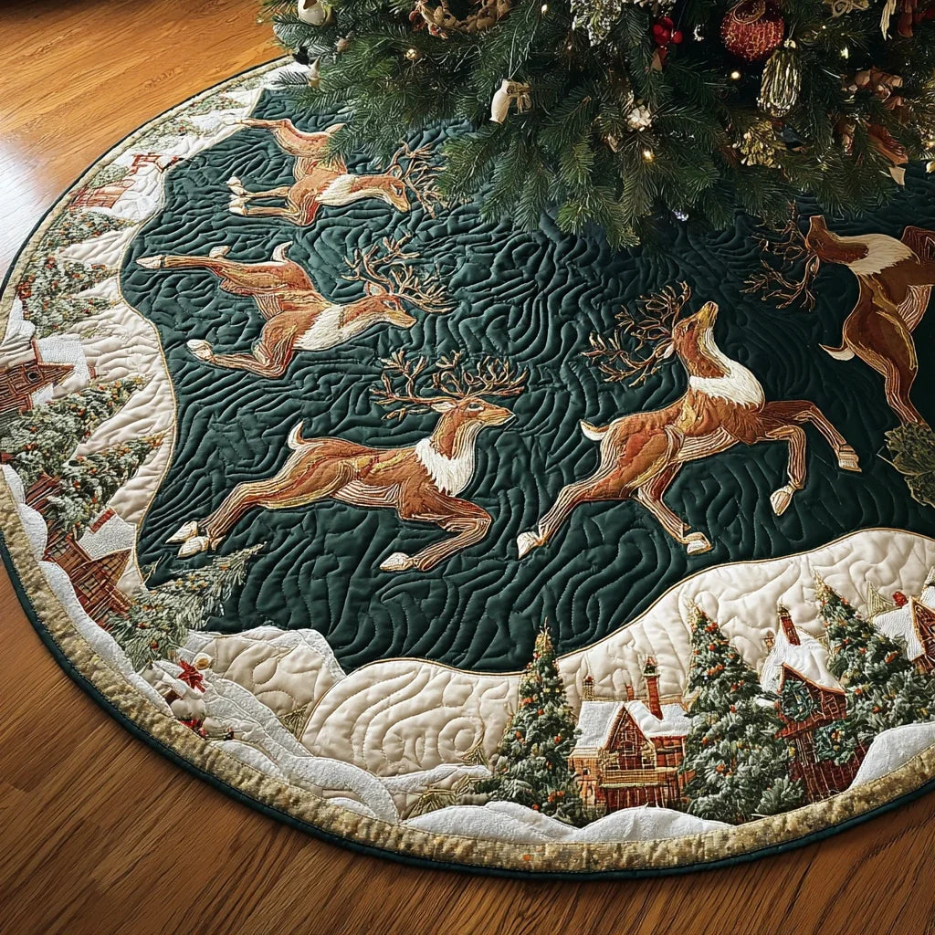 Reindeer Delight Christmas Quilted Tree Skirt