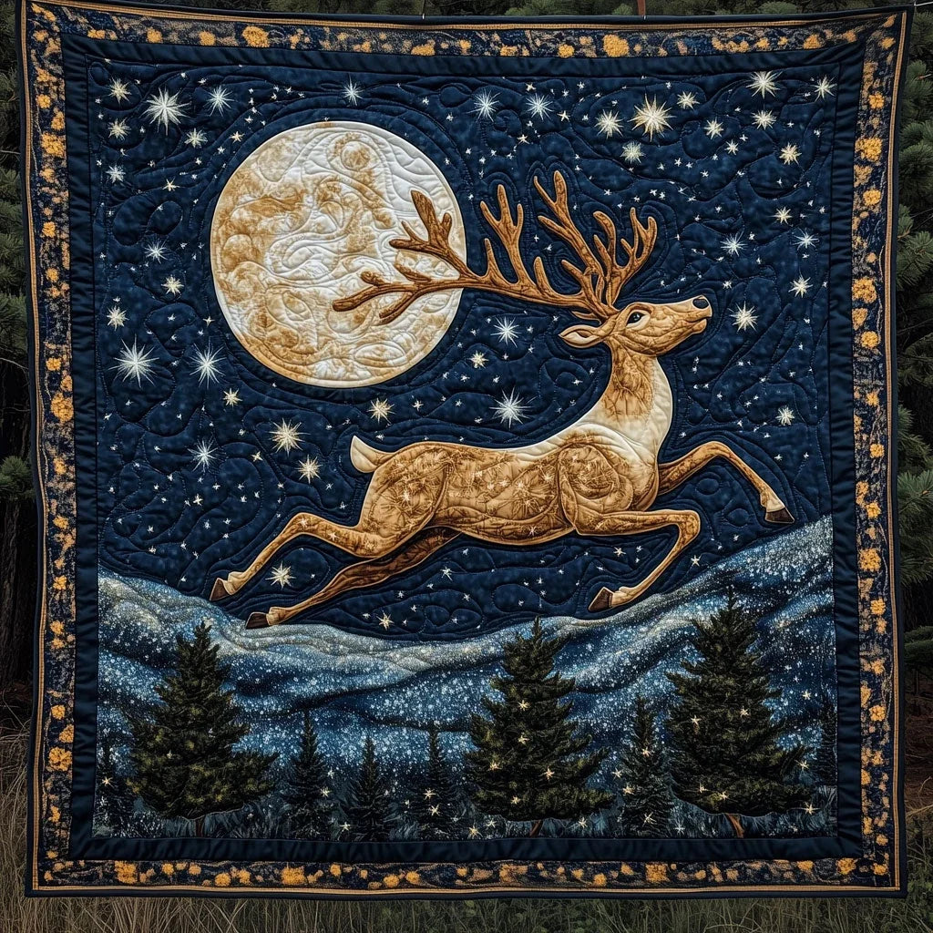 Reindeer Leaping Across Christmas Sky Quilt Blanket