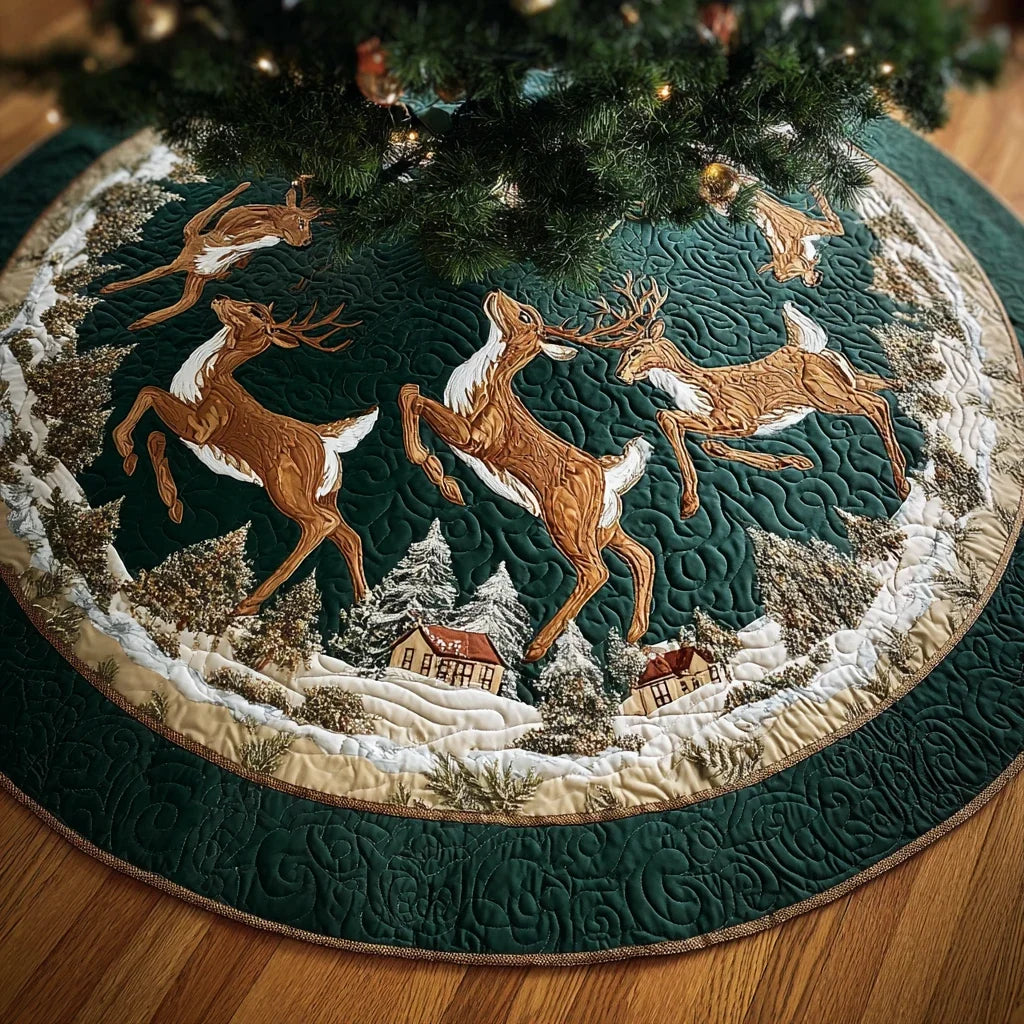 Reindeer Magic Christmas Quilted Tree Skirt