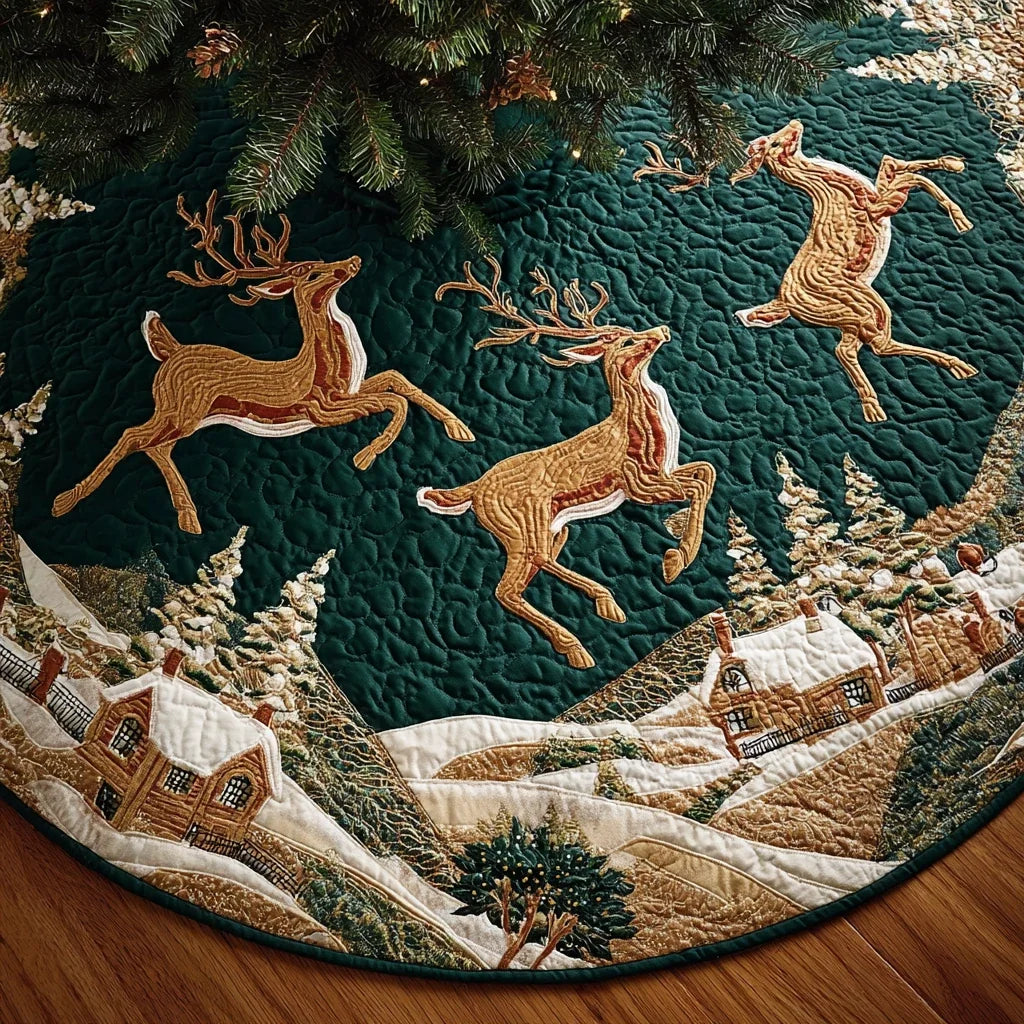 Reindeer Spirit Christmas Quilted Tree Skirt