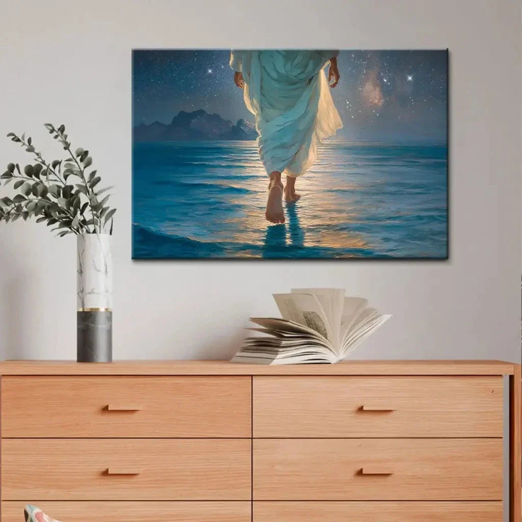 jesus walking on water christian wall art canvas calm sea glowing night sky (Landscape) (view 6)