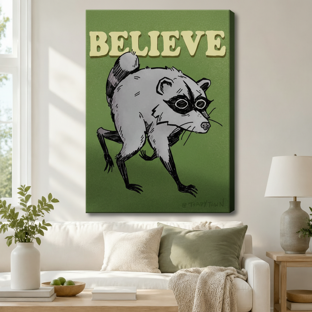 Believe Raccoon Retro Motivational Canvas Wall Art