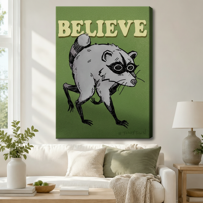 Believe Raccoon Retro Motivational Canvas Wall Art