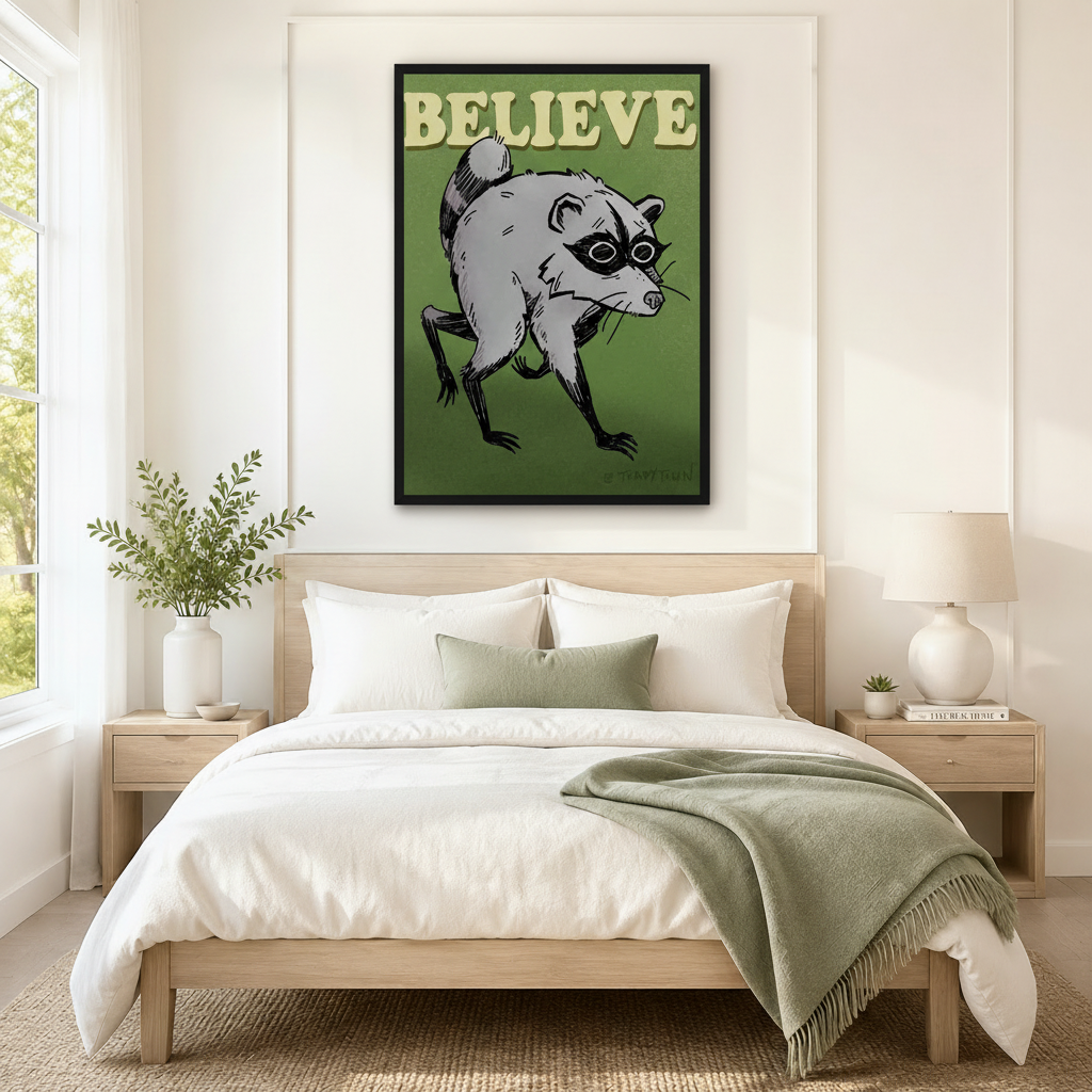 Believe Raccoon Retro Motivational Canvas Wall Art