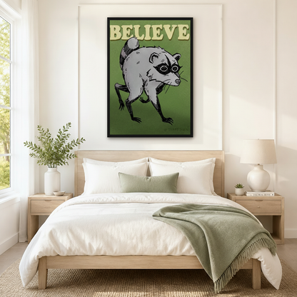 Believe Raccoon Retro Motivational Canvas Wall Art