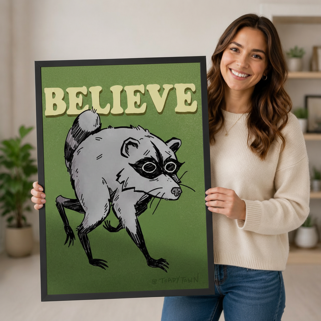 Believe Raccoon Retro Motivational Canvas Wall Art