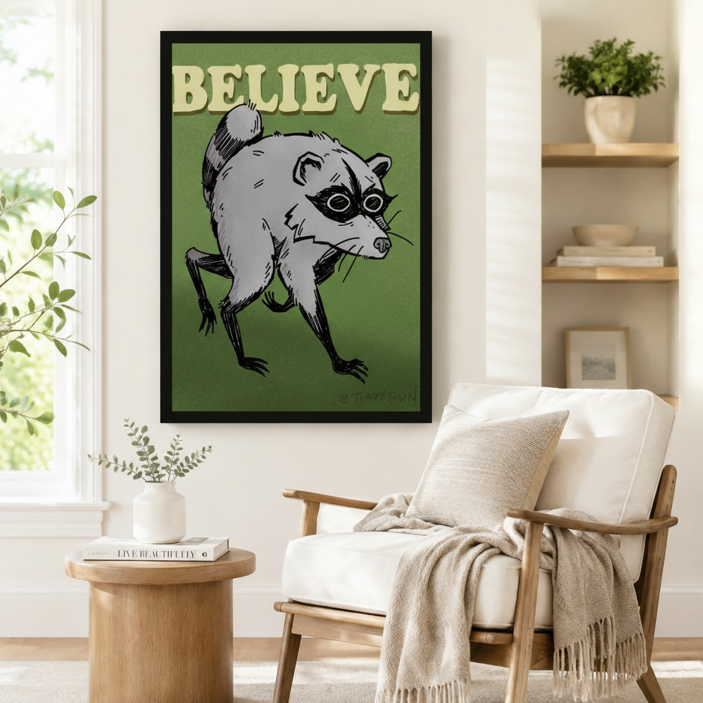 Believe Raccoon Retro Motivational Canvas Wall Art