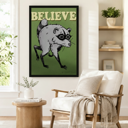 Believe Raccoon Retro Motivational Canvas Wall Art