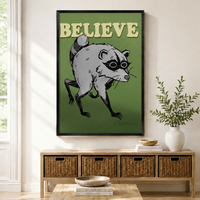 Believe Raccoon Retro Motivational Canvas Wall Art
