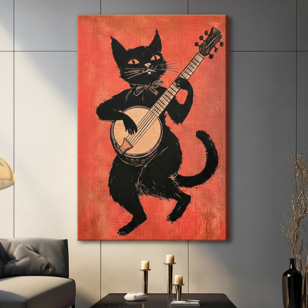 Black Cat Banjo Folk Retro Canvas Art Wall Art