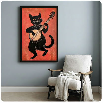Black Cat Banjo Folk Retro Canvas Art Wall Art