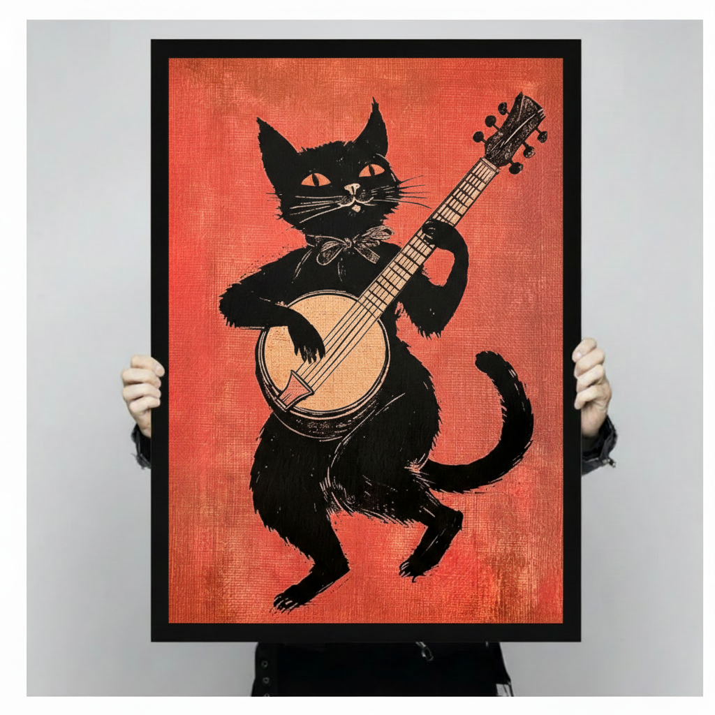 Black Cat Banjo Folk Retro Canvas Art Wall Art