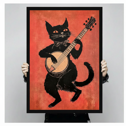 Black Cat Banjo Folk Retro Canvas Art Wall Art