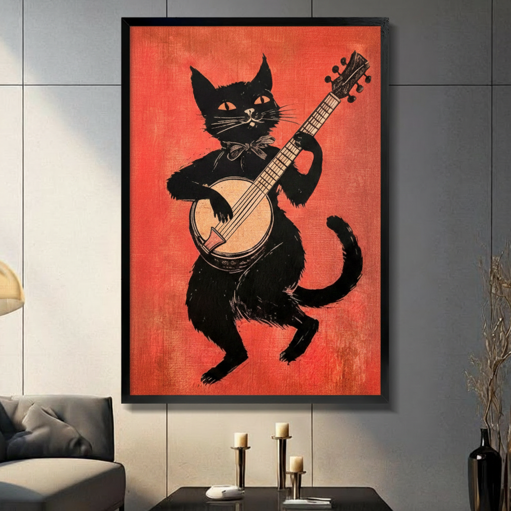 Black Cat Banjo Folk Retro Canvas Art Wall Art
