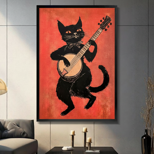 Black Cat Banjo Folk Retro Canvas Art Wall Art