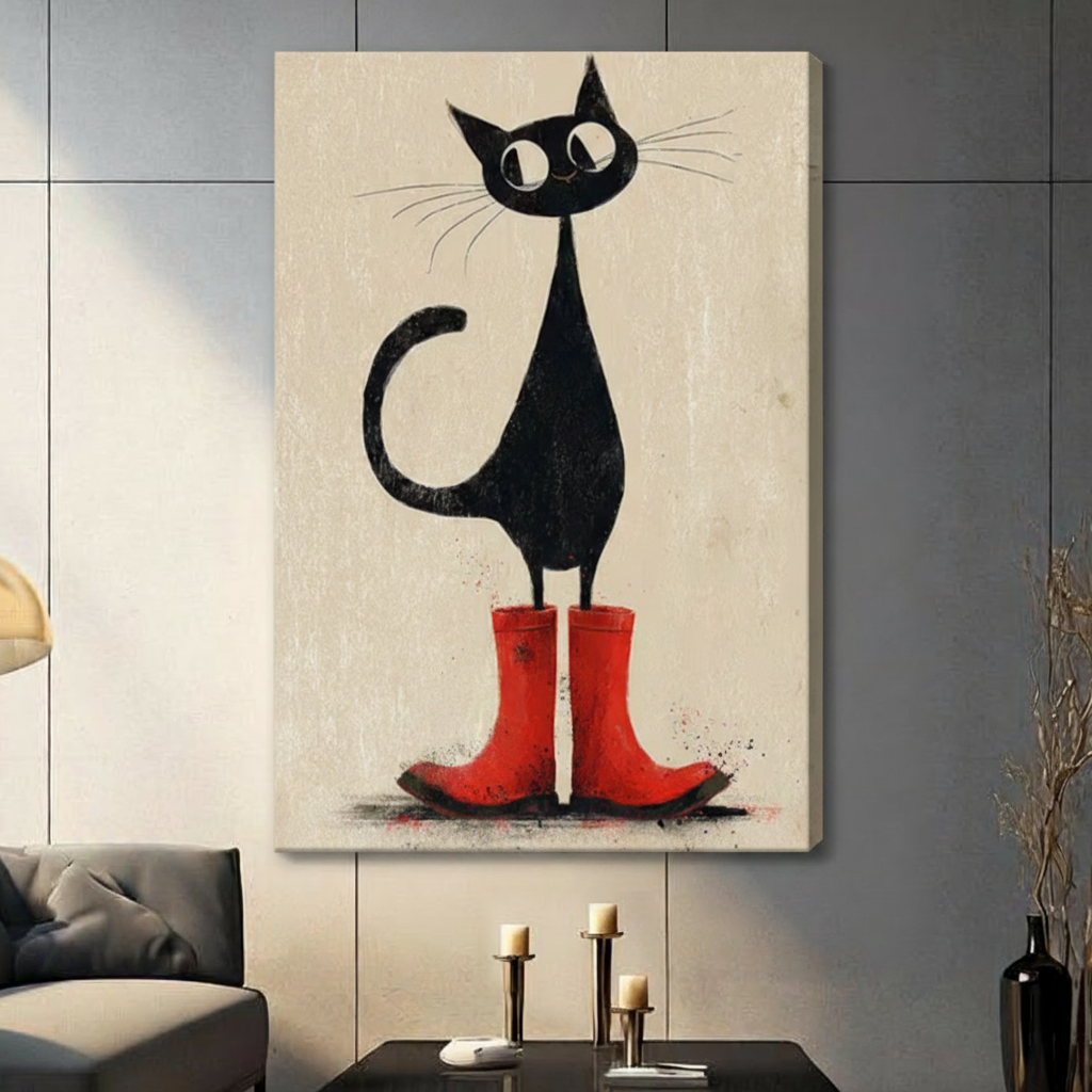 Black Cat Red Rain Boots Vintage Canvas Wall Art
