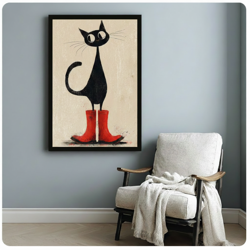 Black Cat Red Rain Boots Vintage Canvas Wall Art