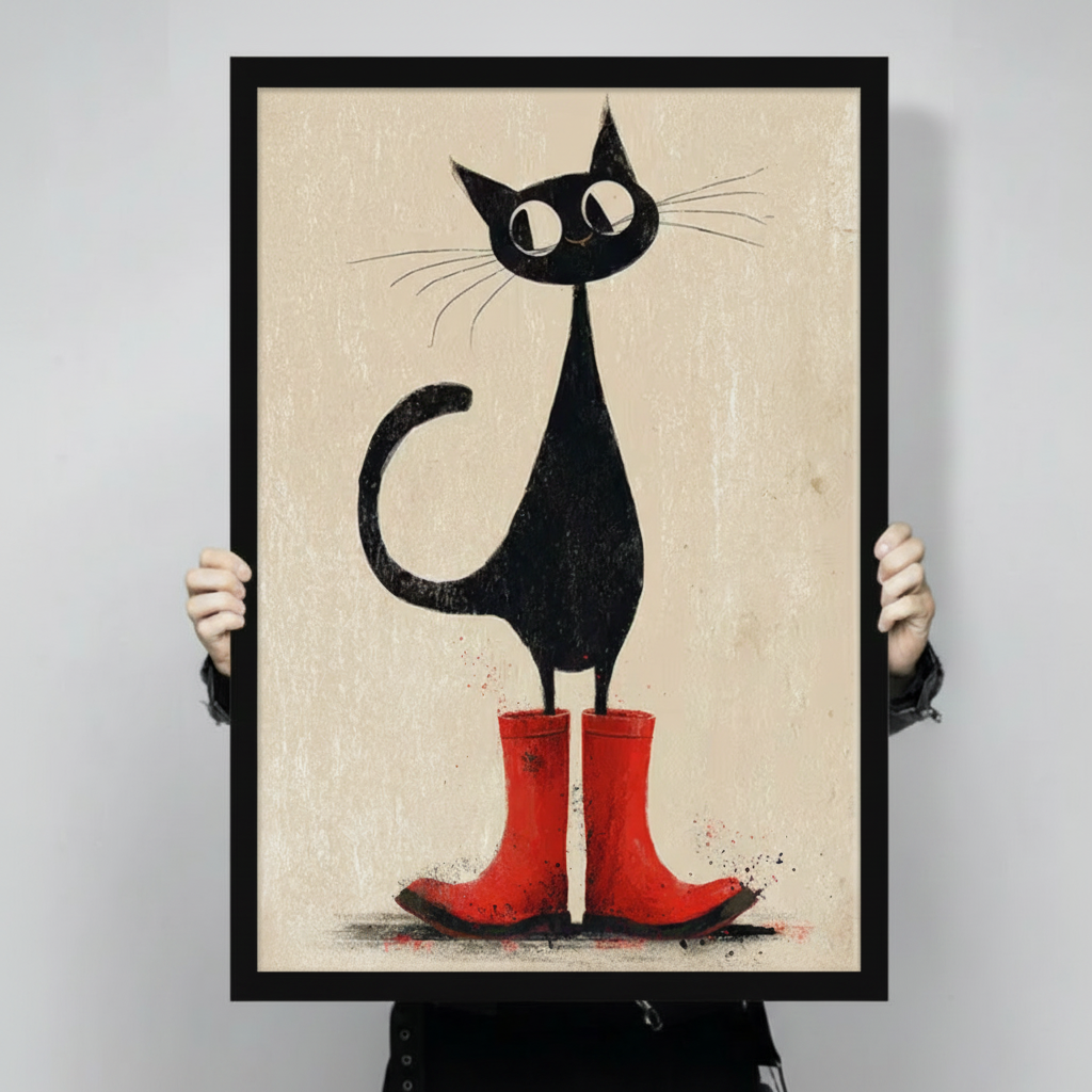 Black Cat Red Rain Boots Vintage Canvas Wall Art