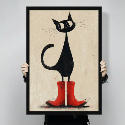 Black Cat Red Rain Boots Vintage Canvas Wall Art