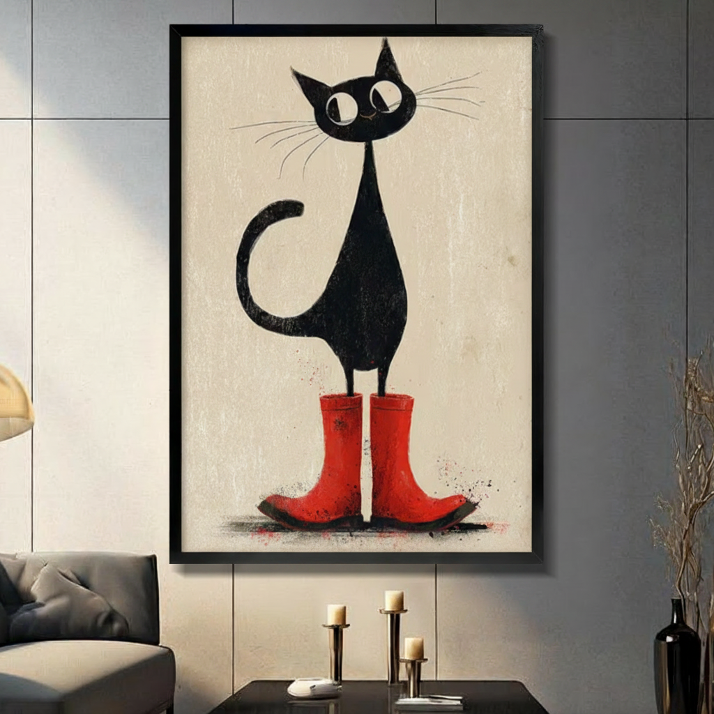 Black Cat Red Rain Boots Vintage Canvas Wall Art