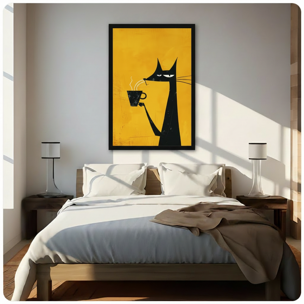 Grumpy Black Cat Coffee Canvas Wall Art