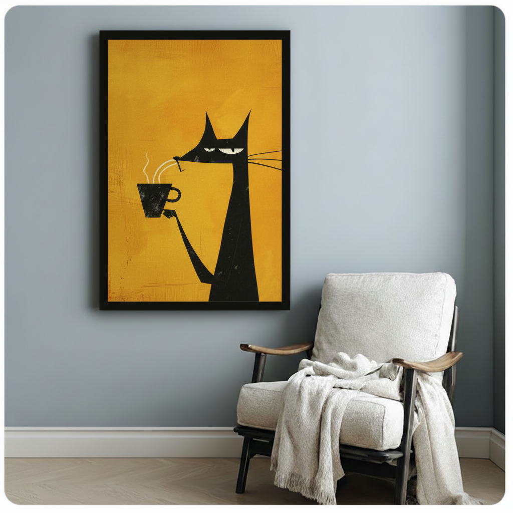 Grumpy Black Cat Coffee Canvas Wall Art