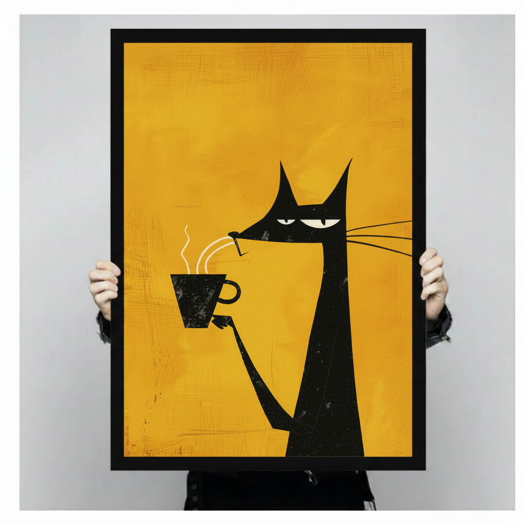Grumpy Black Cat Coffee Canvas Wall Art