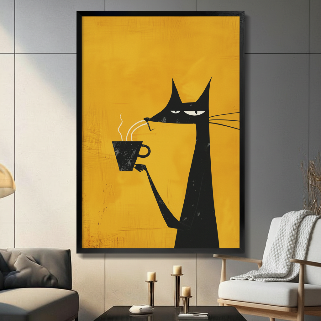 Grumpy Black Cat Coffee Canvas Wall Art